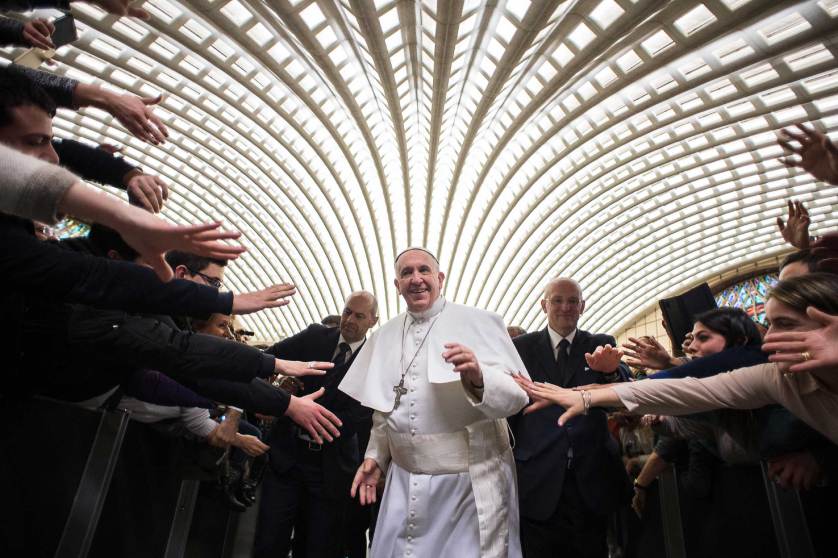 Pope Francis arrives for a special audience with members of the dioceses of Cassano allo Jonio, southern Italy, at the Vatican, Saturday, Feb. 21, 2015. (AP Photo/L' Osservatore Romano, pool)