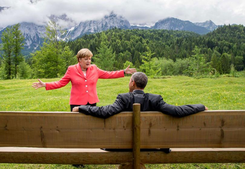 German chancellor Angela Merkel speaks with U.S. president Barack Obama at Schloss Elmau hotel near Garmisch-Partenkirchen, southern Germany, Monday June 8, 2015 during the G-7 summit. (Michaek Kappeler/Pool Photo via AP)